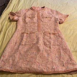 SHEIN Pink Tweed Pearl-Pocket Mini Dress